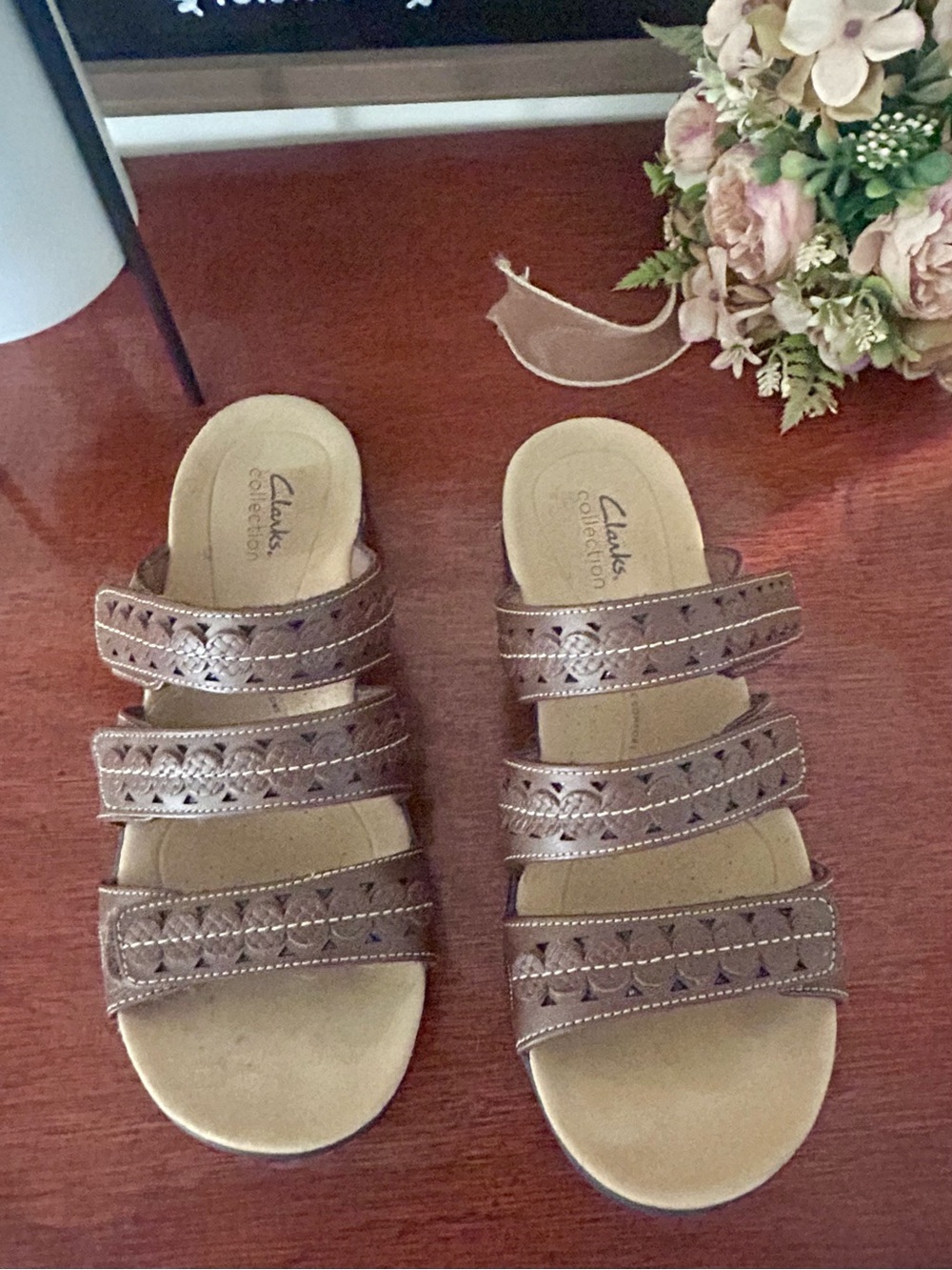 Clarks Brown Triple-Strap Leather Slide Sandals - Picture 7 of 7